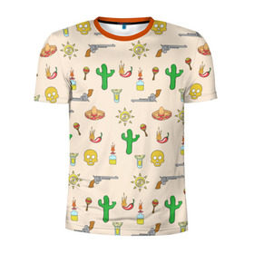 Мужская футболка 3D спортивная с принтом Мексиканский коллаж в Тюмени, 100% полиэстер с улучшенными характеристиками | приталенный силуэт, круглая горловина, широкие плечи, сужается к линии бедра | кактус | коллад | мексика | револьвер | черепа | чили