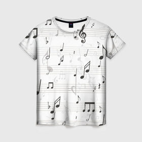 Женская футболка 3D с принтом ноты в Тюмени, 100% полиэфир ( синтетическое хлопкоподобное полотно) | прямой крой, круглый вырез горловины, длина до линии бедер | музыка | ноты | струны