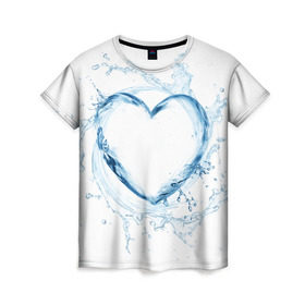 Женская футболка 3D с принтом Водяное сердце в Тюмени, 100% полиэфир ( синтетическое хлопкоподобное полотно) | прямой крой, круглый вырез горловины, длина до линии бедер | брызги | вода | жидкость | капли | кольцо | круг | сердце | синий