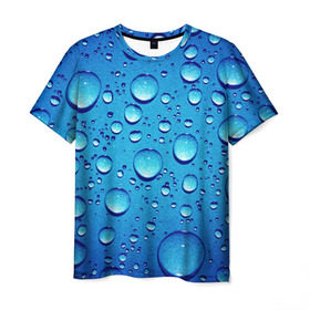 Мужская футболка 3D с принтом Капли воды в Тюмени, 100% полиэфир | прямой крой, круглый вырез горловины, длина до линии бедер | вода | дождь | жидкость | капли | конденсат | роса | синий фон