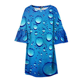 Детское платье 3D с принтом Капли воды в Тюмени, 100% полиэстер | прямой силуэт, чуть расширенный к низу. Круглая горловина, на рукавах — воланы | Тематика изображения на принте: вода | дождь | жидкость | капли | конденсат | роса | синий фон