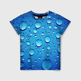 Детская футболка 3D с принтом Капли воды в Тюмени, 100% гипоаллергенный полиэфир | прямой крой, круглый вырез горловины, длина до линии бедер, чуть спущенное плечо, ткань немного тянется | Тематика изображения на принте: вода | дождь | жидкость | капли | конденсат | роса | синий фон