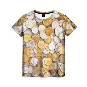 Женская футболка 3D с принтом Российские монетки в Тюмени, 100% полиэфир ( синтетическое хлопкоподобное полотно) | прямой крой, круглый вырез горловины, длина до линии бедер | Тематика изображения на принте: money | валюта | деньги | копейка | лавэ | мелочёвка | мелочь | монетки | монеты | россия | рубль | филки