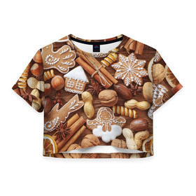 Женская футболка 3D укороченная с принтом Новогодние вкусняшки в Тюмени, 100% полиэстер | круглая горловина, длина футболки до линии талии, рукава с отворотами | вкусняшки | конфеты | лакомство | леденцы | новый год | обжора | объедение | орешки | печенки | праздник | сладкоежка | сладости