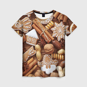 Женская футболка 3D с принтом Новогодние вкусняшки в Тюмени, 100% полиэфир ( синтетическое хлопкоподобное полотно) | прямой крой, круглый вырез горловины, длина до линии бедер | вкусняшки | конфеты | лакомство | леденцы | новый год | обжора | объедение | орешки | печенки | праздник | сладкоежка | сладости