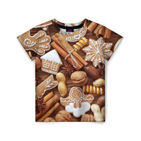 Детская футболка 3D с принтом Новогодние вкусняшки в Тюмени, 100% гипоаллергенный полиэфир | прямой крой, круглый вырез горловины, длина до линии бедер, чуть спущенное плечо, ткань немного тянется | вкусняшки | конфеты | лакомство | леденцы | новый год | обжора | объедение | орешки | печенки | праздник | сладкоежка | сладости