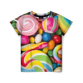 Детская футболка 3D с принтом Вкусняшки в Тюмени, 100% гипоаллергенный полиэфир | прямой крой, круглый вырез горловины, длина до линии бедер, чуть спущенное плечо, ткань немного тянется | вкусняшки | драже | конфеты | лакомство | леденцы | мармелад | обжора | объедение | орешки | праздник | сладкоежка | сладости | шоколад