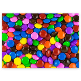 Поздравительная открытка с принтом Цветные конфетки в Тюмени, 100% бумага | плотность бумаги 280 г/м2, матовая, на обратной стороне линовка и место для марки
 | вкусняшки | драже | конфеты | лакомство | сладости | шоколад