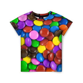 Детская футболка 3D с принтом Цветные конфетки в Тюмени, 100% гипоаллергенный полиэфир | прямой крой, круглый вырез горловины, длина до линии бедер, чуть спущенное плечо, ткань немного тянется | вкусняшки | драже | конфеты | лакомство | сладости | шоколад