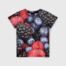 Детская футболка 3D с принтом Ягодки в Тюмени, 100% гипоаллергенный полиэфир | прямой крой, круглый вырез горловины, длина до линии бедер, чуть спущенное плечо, ткань немного тянется | вкусно | голубика | дача | деревня | ежевика | клубника | малина | огород | полезно | сад | смородина | сок | фрукты | черника | ягоды