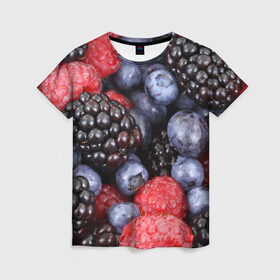 Женская футболка 3D с принтом Ягодки в Тюмени, 100% полиэфир ( синтетическое хлопкоподобное полотно) | прямой крой, круглый вырез горловины, длина до линии бедер | вкусно | голубика | дача | деревня | ежевика | клубника | малина | огород | полезно | сад | смородина | сок | фрукты | черника | ягоды