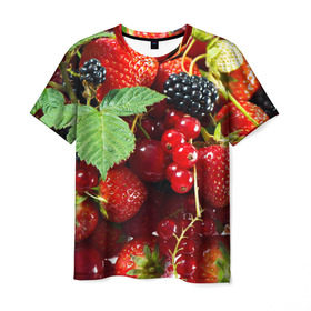 Мужская футболка 3D с принтом Любимые ягоды в Тюмени, 100% полиэфир | прямой крой, круглый вырез горловины, длина до линии бедер | вкусно | голубика | дача | деревня | ежевика | зелень | клубника | малина | огород | полезно | сад | смородина | сок | фрукты | черника | шиповник | ягоды