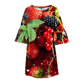 Детское платье 3D с принтом Любимые ягоды в Тюмени, 100% полиэстер | прямой силуэт, чуть расширенный к низу. Круглая горловина, на рукавах — воланы | Тематика изображения на принте: вкусно | голубика | дача | деревня | ежевика | зелень | клубника | малина | огород | полезно | сад | смородина | сок | фрукты | черника | шиповник | ягоды