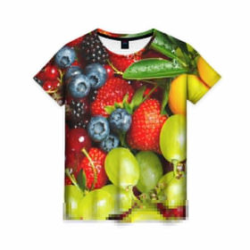 Женская футболка 3D с принтом Вкусные ягоды в Тюмени, 100% полиэфир ( синтетическое хлопкоподобное полотно) | прямой крой, круглый вырез горловины, длина до линии бедер | виноград | вкусно | голубика | дача | деревня | ежевика | клубника | малина | огород | полезно | рябина | сад | смородина | сок | фрукты | черника | ягоды