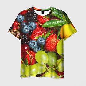 Мужская футболка 3D с принтом Вкусные ягоды в Тюмени, 100% полиэфир | прямой крой, круглый вырез горловины, длина до линии бедер | виноград | вкусно | голубика | дача | деревня | ежевика | клубника | малина | огород | полезно | рябина | сад | смородина | сок | фрукты | черника | ягоды