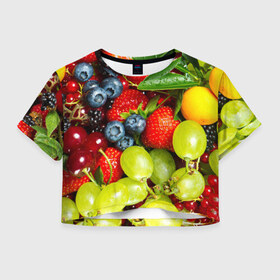 Женская футболка 3D укороченная с принтом Вкусные ягоды в Тюмени, 100% полиэстер | круглая горловина, длина футболки до линии талии, рукава с отворотами | виноград | вкусно | голубика | дача | деревня | ежевика | клубника | малина | огород | полезно | рябина | сад | смородина | сок | фрукты | черника | ягоды
