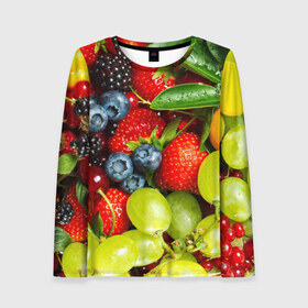 Женский лонгслив 3D с принтом Вкусные ягоды в Тюмени, 100% полиэстер | длинные рукава, круглый вырез горловины, полуприлегающий силуэт | виноград | вкусно | голубика | дача | деревня | ежевика | клубника | малина | огород | полезно | рябина | сад | смородина | сок | фрукты | черника | ягоды