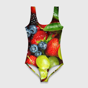 Купальник-боди 3D с принтом Вкусные ягоды в Тюмени, 82% полиэстер, 18% эластан | Круглая горловина, круглый вырез на спине | виноград | вкусно | голубика | дача | деревня | ежевика | клубника | малина | огород | полезно | рябина | сад | смородина | сок | фрукты | черника | ягоды
