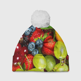 Шапка 3D c помпоном с принтом Вкусные ягоды в Тюмени, 100% полиэстер | универсальный размер, печать по всей поверхности изделия | виноград | вкусно | голубика | дача | деревня | ежевика | клубника | малина | огород | полезно | рябина | сад | смородина | сок | фрукты | черника | ягоды