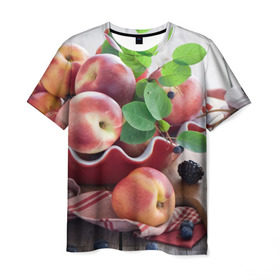 Мужская футболка 3D с принтом Персики в Тюмени, 100% полиэфир | прямой крой, круглый вырез горловины, длина до линии бедер | ваза | витамины | здоровье | лакомство | мёд | овощи | персики | сладости | тарелка | фрукты | черника | ягоды