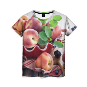 Женская футболка 3D с принтом Персики в Тюмени, 100% полиэфир ( синтетическое хлопкоподобное полотно) | прямой крой, круглый вырез горловины, длина до линии бедер | ваза | витамины | здоровье | лакомство | мёд | овощи | персики | сладости | тарелка | фрукты | черника | ягоды