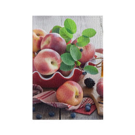 Обложка для паспорта матовая кожа с принтом Персики в Тюмени, натуральная матовая кожа | размер 19,3 х 13,7 см; прозрачные пластиковые крепления | ваза | витамины | здоровье | лакомство | мёд | овощи | персики | сладости | тарелка | фрукты | черника | ягоды