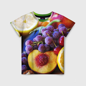 Детская футболка 3D с принтом Спелые фрукты в Тюмени, 100% гипоаллергенный полиэфир | прямой крой, круглый вырез горловины, длина до линии бедер, чуть спущенное плечо, ткань немного тянется | Тематика изображения на принте: абрикос | алыча | апельсин | бодрость | веган | виноград | витамины | груша | диета | еда | здоровье | лайм | лимон | молодость | нектар | овощи | персик | питание | польза | сок | фрукты | яблоко | ягоды