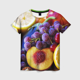 Женская футболка 3D с принтом Спелые фрукты в Тюмени, 100% полиэфир ( синтетическое хлопкоподобное полотно) | прямой крой, круглый вырез горловины, длина до линии бедер | абрикос | алыча | апельсин | бодрость | веган | виноград | витамины | груша | диета | еда | здоровье | лайм | лимон | молодость | нектар | овощи | персик | питание | польза | сок | фрукты | яблоко | ягоды