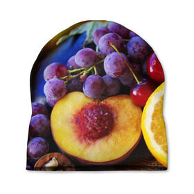 Шапка 3D с принтом Спелые фрукты в Тюмени, 100% полиэстер | универсальный размер, печать по всей поверхности изделия | Тематика изображения на принте: абрикос | алыча | апельсин | бодрость | веган | виноград | витамины | груша | диета | еда | здоровье | лайм | лимон | молодость | нектар | овощи | персик | питание | польза | сок | фрукты | яблоко | ягоды