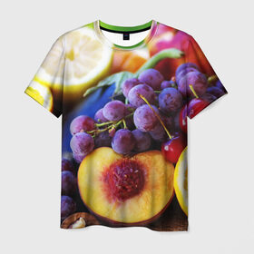 Мужская футболка 3D с принтом Спелые фрукты в Тюмени, 100% полиэфир | прямой крой, круглый вырез горловины, длина до линии бедер | абрикос | алыча | апельсин | бодрость | веган | виноград | витамины | груша | диета | еда | здоровье | лайм | лимон | молодость | нектар | овощи | персик | питание | польза | сок | фрукты | яблоко | ягоды