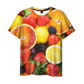 Мужская футболка 3D с принтом Ягоды и фрукты в Тюмени, 100% полиэфир | прямой крой, круглый вырез горловины, длина до линии бедер | абрикос | алыча | апельсин | бодрость | веган | виноград | витамины | груша | диета | еда | здоровье | клубника | лайм | лимон | малина | молодость | нектар | овощи | персик | питание | польза | смородина