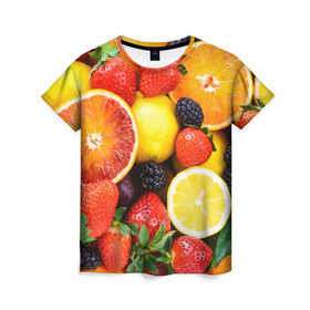 Женская футболка 3D с принтом Ягоды и фрукты в Тюмени, 100% полиэфир ( синтетическое хлопкоподобное полотно) | прямой крой, круглый вырез горловины, длина до линии бедер | абрикос | алыча | апельсин | бодрость | веган | виноград | витамины | груша | диета | еда | здоровье | клубника | лайм | лимон | малина | молодость | нектар | овощи | персик | питание | польза | смородина