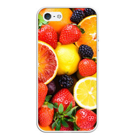 Чехол для Apple iPhone 5/5S силиконовый с принтом Ягоды и фрукты в Тюмени, Силикон | Область печати: задняя сторона чехла, без боковых панелей | абрикос | алыча | апельсин | бодрость | веган | виноград | витамины | груша | диета | еда | здоровье | клубника | лайм | лимон | малина | молодость | нектар | овощи | персик | питание | польза | смородина
