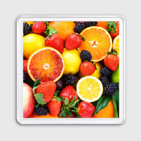 Магнит 55*55 с принтом Ягоды и фрукты в Тюмени, Пластик | Размер: 65*65 мм; Размер печати: 55*55 мм | Тематика изображения на принте: абрикос | алыча | апельсин | бодрость | веган | виноград | витамины | груша | диета | еда | здоровье | клубника | лайм | лимон | малина | молодость | нектар | овощи | персик | питание | польза | смородина