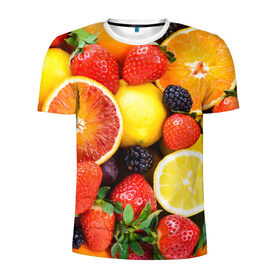Мужская футболка 3D спортивная с принтом Ягоды и фрукты в Тюмени, 100% полиэстер с улучшенными характеристиками | приталенный силуэт, круглая горловина, широкие плечи, сужается к линии бедра | абрикос | алыча | апельсин | бодрость | веган | виноград | витамины | груша | диета | еда | здоровье | клубника | лайм | лимон | малина | молодость | нектар | овощи | персик | питание | польза | смородина