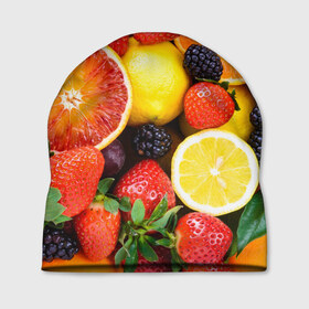 Шапка 3D с принтом Ягоды и фрукты в Тюмени, 100% полиэстер | универсальный размер, печать по всей поверхности изделия | Тематика изображения на принте: абрикос | алыча | апельсин | бодрость | веган | виноград | витамины | груша | диета | еда | здоровье | клубника | лайм | лимон | малина | молодость | нектар | овощи | персик | питание | польза | смородина