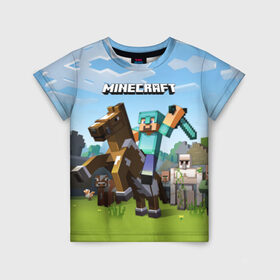 Детская футболка 3D с принтом Minecraft на коне в Тюмени, 100% гипоаллергенный полиэфир | прямой крой, круглый вырез горловины, длина до линии бедер, чуть спущенное плечо, ткань немного тянется | game | minecraft | игры | маинкрафт | майн | майнкравт | майнкрафт