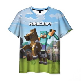 Мужская футболка 3D с принтом Minecraft на коне в Тюмени, 100% полиэфир | прямой крой, круглый вырез горловины, длина до линии бедер | game | minecraft | игры | маинкрафт | майн | майнкравт | майнкрафт