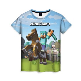 Женская футболка 3D с принтом Minecraft на коне в Тюмени, 100% полиэфир ( синтетическое хлопкоподобное полотно) | прямой крой, круглый вырез горловины, длина до линии бедер | game | minecraft | игры | маинкрафт | майн | майнкравт | майнкрафт