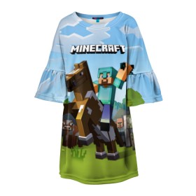 Детское платье 3D с принтом Minecraft на коне в Тюмени, 100% полиэстер | прямой силуэт, чуть расширенный к низу. Круглая горловина, на рукавах — воланы | game | minecraft | игры | маинкрафт | майн | майнкравт | майнкрафт