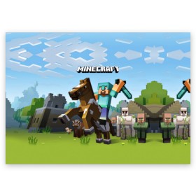 Поздравительная открытка с принтом Minecraft на коне в Тюмени, 100% бумага | плотность бумаги 280 г/м2, матовая, на обратной стороне линовка и место для марки
 | Тематика изображения на принте: game | minecraft | игры | маинкрафт | майн | майнкравт | майнкрафт