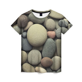 Женская футболка 3D с принтом Морская галька в Тюмени, 100% полиэфир ( синтетическое хлопкоподобное полотно) | прямой крой, круглый вырез горловины, длина до линии бедер | водоём | галька | камешки | камни | море | океан | отдых | отпуск | песок | пляж