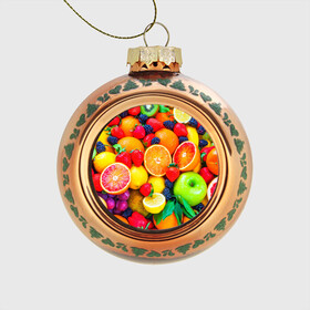 Стеклянный ёлочный шар с принтом Ягоды и фрукты в Тюмени, Стекло | Диаметр: 80 мм | апельсин | ежевика | клубника | фрукты | ягода