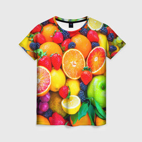 Женская футболка 3D с принтом Ягоды и фрукты в Тюмени, 100% полиэфир ( синтетическое хлопкоподобное полотно) | прямой крой, круглый вырез горловины, длина до линии бедер | апельсин | ежевика | клубника | фрукты | ягода