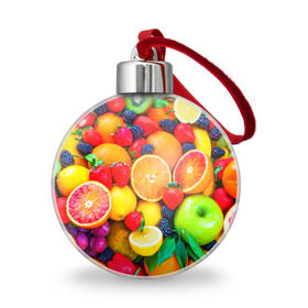 Ёлочный шар с принтом Ягоды и фрукты в Тюмени, Пластик | Диаметр: 77 мм | апельсин | ежевика | клубника | фрукты | ягода