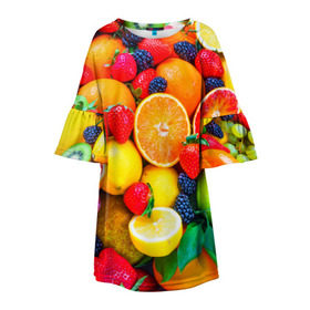 Детское платье 3D с принтом Ягоды и фрукты в Тюмени, 100% полиэстер | прямой силуэт, чуть расширенный к низу. Круглая горловина, на рукавах — воланы | Тематика изображения на принте: апельсин | ежевика | клубника | фрукты | ягода