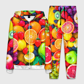 Мужской костюм 3D с принтом Ягоды и фрукты в Тюмени, 100% полиэстер | Манжеты и пояс оформлены тканевой резинкой, двухслойный капюшон со шнурком для регулировки, карманы спереди | апельсин | ежевика | клубника | фрукты | ягода