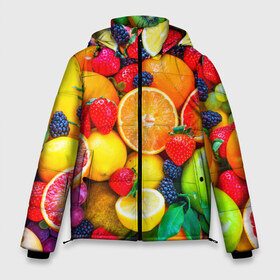 Мужская зимняя куртка 3D с принтом Ягоды и фрукты в Тюмени, верх — 100% полиэстер; подкладка — 100% полиэстер; утеплитель — 100% полиэстер | длина ниже бедра, свободный силуэт Оверсайз. Есть воротник-стойка, отстегивающийся капюшон и ветрозащитная планка. 

Боковые карманы с листочкой на кнопках и внутренний карман на молнии. | Тематика изображения на принте: апельсин | ежевика | клубника | фрукты | ягода