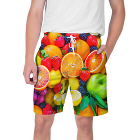 Мужские шорты 3D с принтом Ягоды и фрукты в Тюмени,  полиэстер 100% | прямой крой, два кармана без застежек по бокам. Мягкая трикотажная резинка на поясе, внутри которой широкие завязки. Длина чуть выше колен | Тематика изображения на принте: апельсин | ежевика | клубника | фрукты | ягода