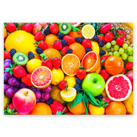 Поздравительная открытка с принтом Ягоды и фрукты в Тюмени, 100% бумага | плотность бумаги 280 г/м2, матовая, на обратной стороне линовка и место для марки
 | апельсин | ежевика | клубника | фрукты | ягода